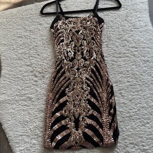 AKIRA Black Strapless Dress with Rose Gold & Gold Sequin Embellishment